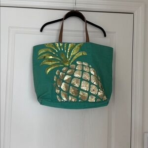 Green Tote Bag with Gold Pineapple Design